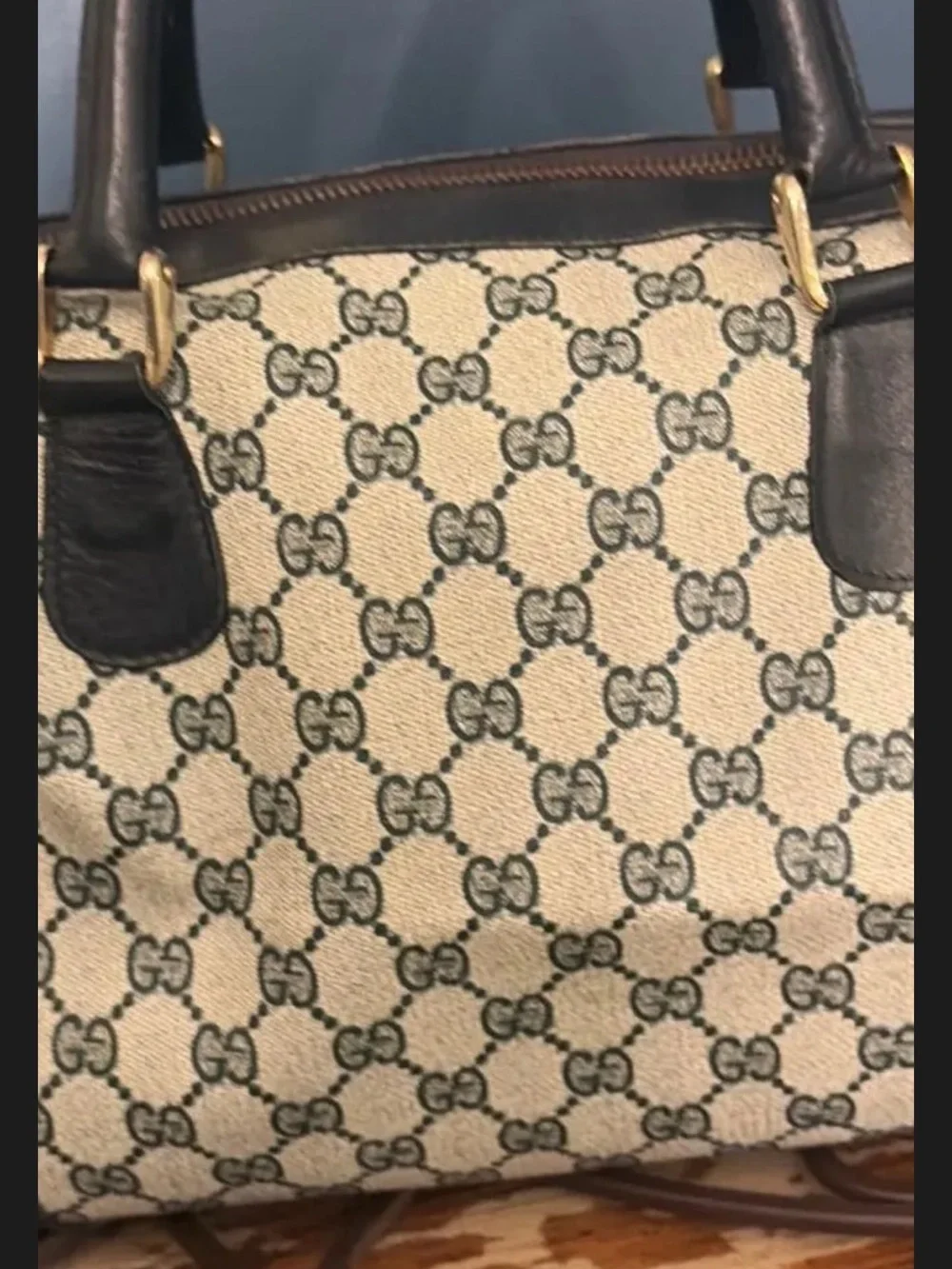 Gucci Beige Monogram Canvas Satchel with Black Leather Trim